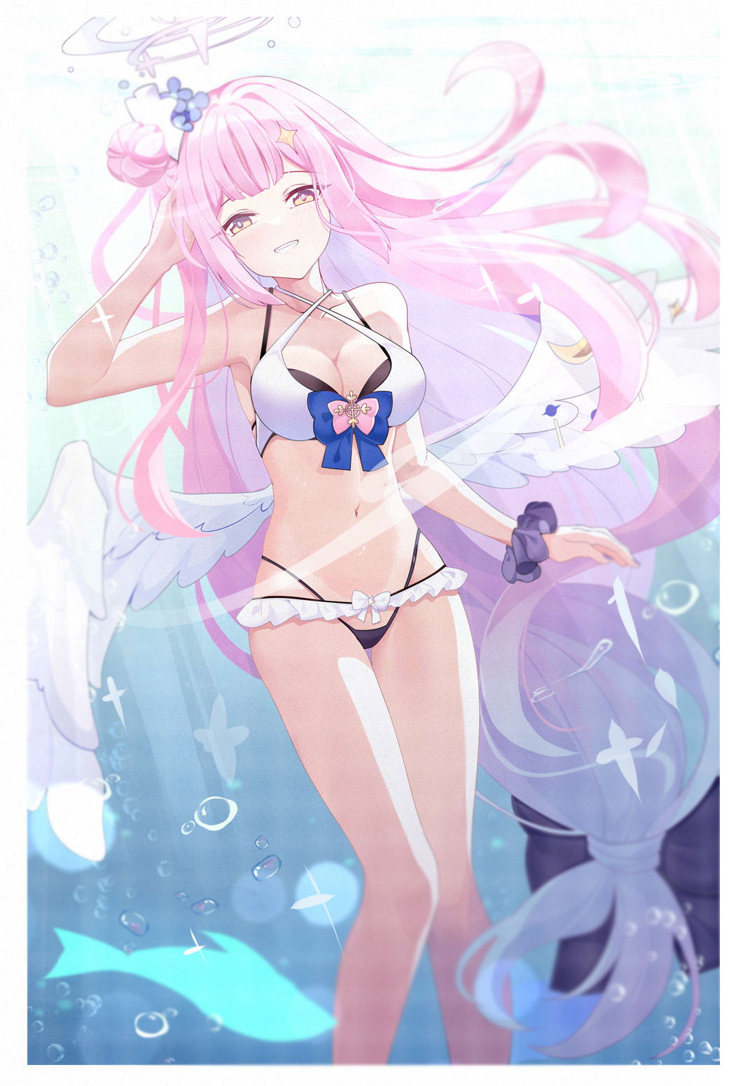 qingye ling, mika (blue archive), blue archive, highres, 1girl, alternate costume, angel wings, bare shoulders, bikini, blue nails, collarbone, feathered wings, flower, hair bun, hair flower, hair ornament, halo, long hair, looking at viewer, low wings, navel, pink hair, pink halo, scrunchie, single hair bun, smile, solo, stomach, swimsuit, underwater, very long hair, white wings, wings, wrist scrunchie