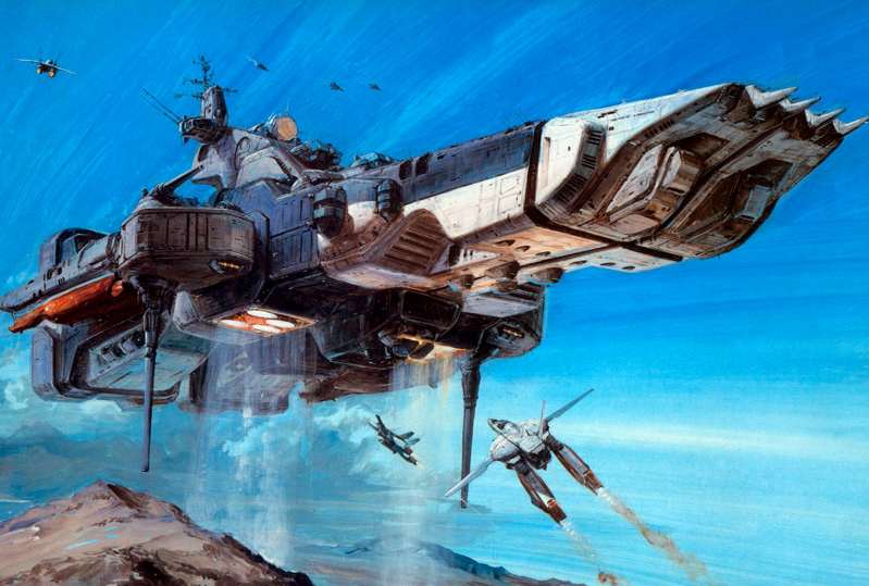takani yoshiyuki, sdf-1, vf-1, choujikuu yousai macross, macross, 1980s (style), day, gerwalk, mecha, mountain, no humans, oldschool, realistic, retro artstyle, robot, science fiction, sky, spacecraft, valkyrie