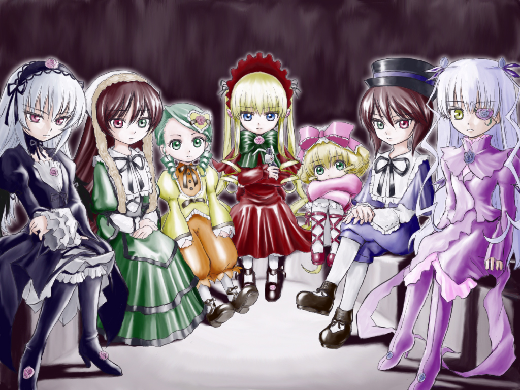 barasuishou, hinaichigo, kanaria, kirakishou, shinku, souseiseki, suigintou, suiseiseki, rozen maiden, cross-laced footwear, eyebrows, 00s, 6+girls, black dress, blonde hair, blue dress, blue eyes, bonnet, bow, bowtie, brown eyes, capelet, dress, drill hair, everyone, expressionless, flower, flower eyepatch, frilled sleeves, frills, green dress, green eyes, hairband, hat, heterochromia, high heels, lolita hairband, long hair, long sleeves, looking at viewer, multiple girls, pink bow, pink eyes, red dress, red eyes, rose, siblings, sidelocks, sisters, sitting, twin drills, twins, twintails, very long hair, yellow dress