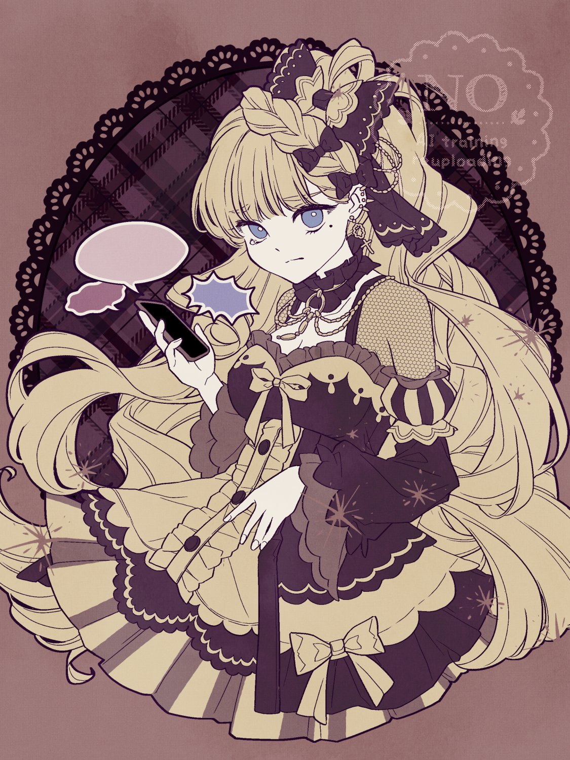 yomo gigyoza, saeki miria, mahou shoujo no majo saiban, highres, 1girl, black bow, black choker, black dress, blonde hair, blue eyes, bow, cellphone, choker, dress, ear piercing, earrings, frilled choker, frilled dress, frills, holding, holding phone, jewelry, lolita fashion, long hair, magical girl, mole, mole under eye, phone, piercing, smartphone, solo, speech bubble, tearing up, two-tone dress, very long hair, watermark, yellow dress