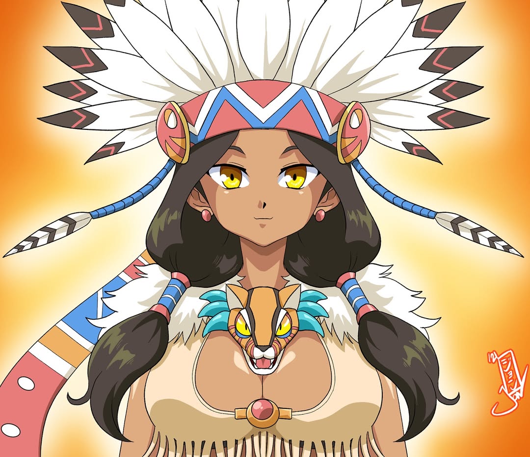 kurumi-lover, matsuri (senran kagura), senran kagura, senran kagura new wave, black hair, breasts, cleavage, dark-skinned female, dark skin, earrings, headdress, jewelry, looking at viewer, native american clothes, native american headdress, orange background, smile, tiger mask (object), twintails, yellow eyes