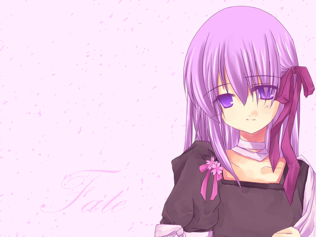 matou sakura, fate/stay night, fate (series), 00s, 1girl, copyright name, dress, english text, female focus, hair ribbon, pink background, purple eyes, purple hair, ribbon, simple background, solo