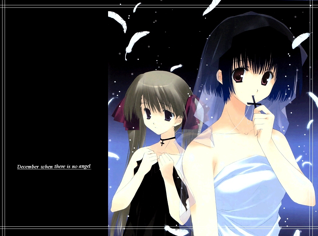mitsumi misato, asou asuna, sumadera yukio, tenshi no inai 12-gatsu, 2girls, bare shoulders, black hair, brown hair, choker, collarbone, cross, cross necklace, dress, feathers, hair ribbon, holding, jewelry, looking at viewer, mouth hold, multiple girls, necklace, night, night sky, pendant, red eyes, ribbon, see-through clothes, short hair, sky, star (sky), starry sky, strapless, strapless dress, twintails, upper body, veil, white dress, white feathers