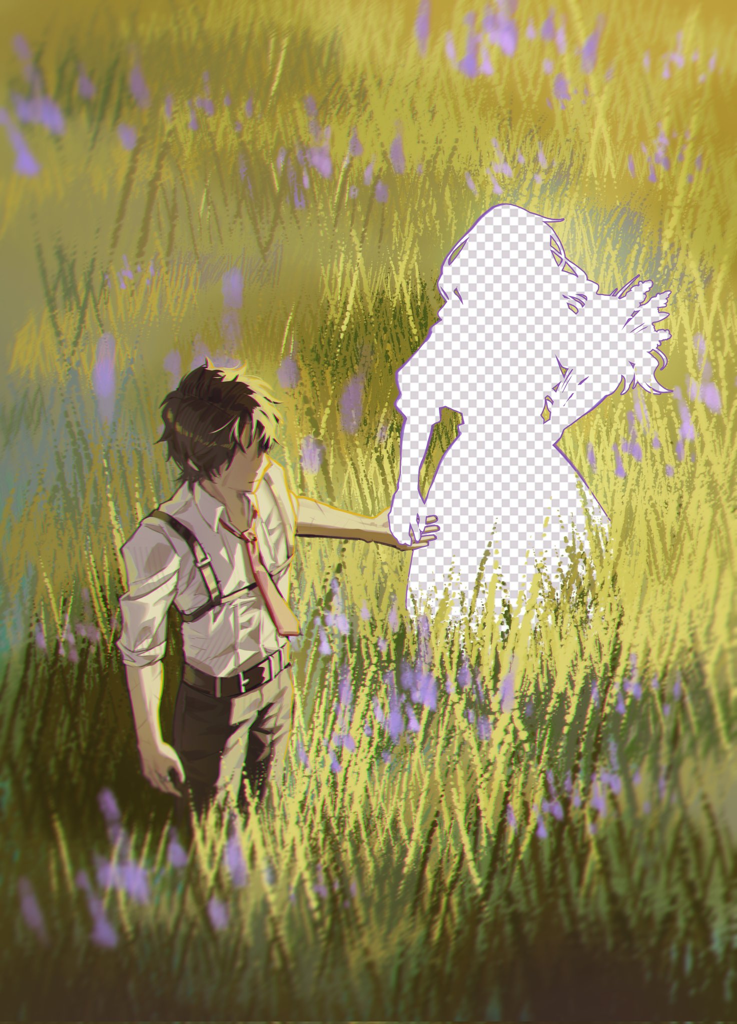 heathcliff (project moon), limbus company, project moon, highres, 1boy, 1girl, ahemsehszlfmf, belt, black belt, black hair, black pants, closed mouth, collared shirt, dark-skinned male, dark skin, day, dress, floating hair, flower, grass, hand on own hip, holding hands, jewelry, long hair, long sleeves, necktie, no eyes, outdoors, pants, puffy short sleeves, puffy sleeves, purple flower, red necktie, ring, scar, shadow, shirt, short hair, short sleeves, smile, suspenders, white shirt