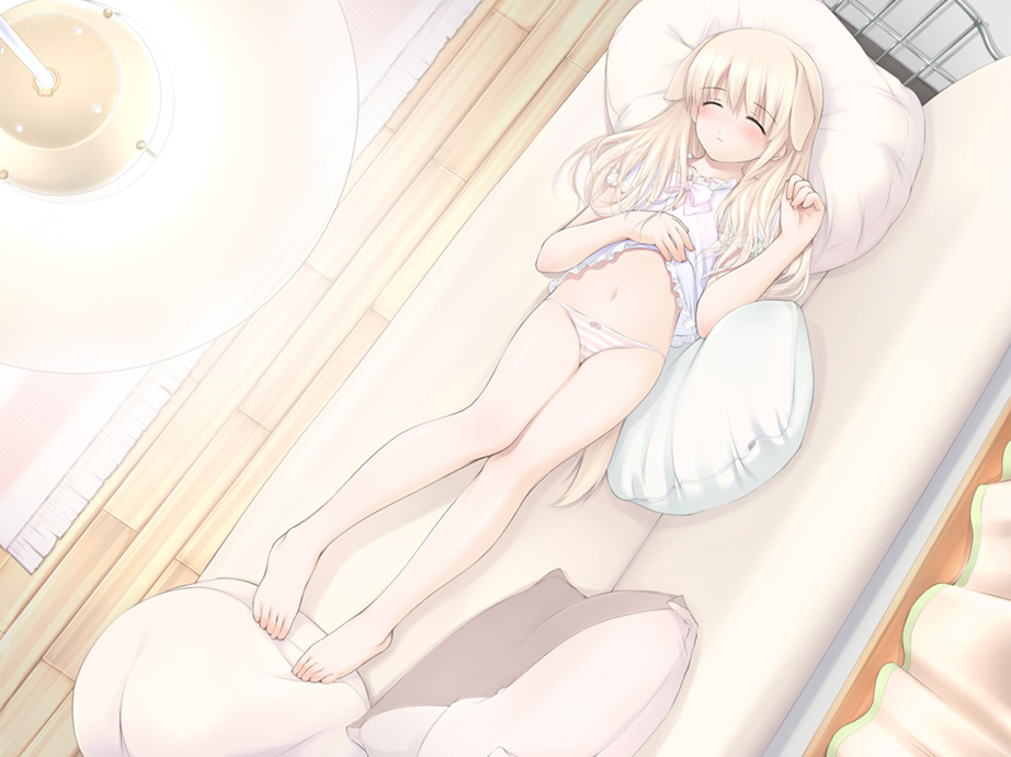 ooji, 1girl, animal ears, barefoot, blonde hair, blouse, blush, bow, bow panties, closed eyes, clothes lift, couch, dog ears, feet, female focus, flat chest, loli, lowleg, lowleg panties, lying, no pants, on back, panties, shirt, shirt lift, sleeping, solo, striped clothes, striped panties, underwear, yellow panties