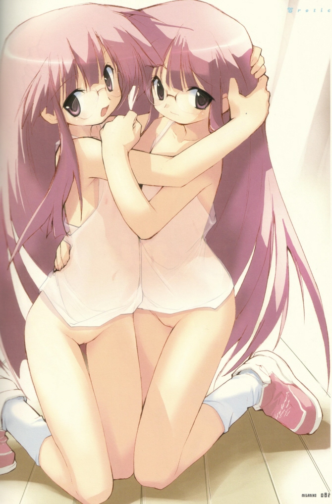 e=mc2 (mosimosi), copyright request, 2girls, camisole, chemise, glasses, kneeling, loli, multiple girls, no panties, yuri