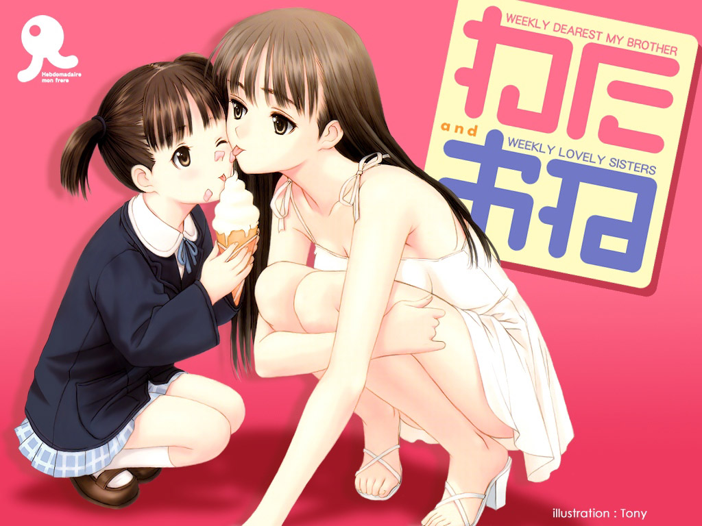 tony taka, mizushima asa, onomichi mion, shuukan tonari no onee-san, sora no iro mizu no iro, watashi no oniichan, messy, non-web source, 00s, 2girls, :p, age difference, armpits, black hair, breast press, breasts, brown eyes, dress, feet, food, food on face, high heels, hugging own legs, ice cream, ice cream cone, knees to chest, licking, loli, long hair, mary janes, miniskirt, multiple girls, one eye closed, onee-loli, plaid clothes, plaid skirt, pleated skirt, school uniform, serafuku, shoes, short hair, short twintails, skirt, squatting, tongue, tongue out, twintails, wataoni, wink, yuri
