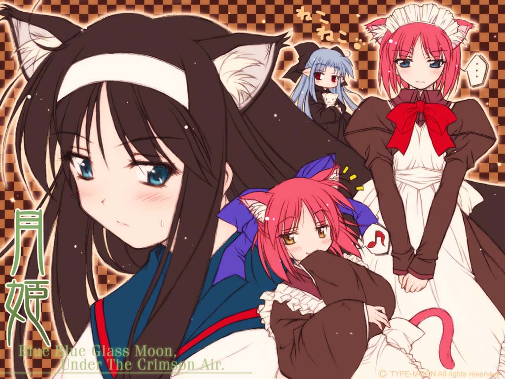 hisui (tsukihime), kohaku (tsukihime), len (tsukihime), tohno akiha, tsukihime, duplicate, jpeg artifacts, 00s, 4girls, animal ears, blue eyes, blush, cat ears, cat tail, long hair, multiple girls, orange eyes, pointy ears, red eyes, short hair, siblings, sisters, standing, tail, twins