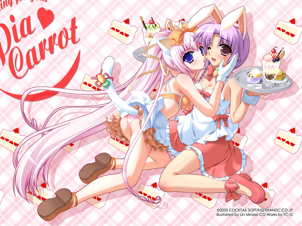 minase lin, isaka koharu, shirakuwa sumi, pia carrot (series), pia carrot e youkoso!!, 00s, 1990s (style), 2005, 2girls, animal ears, ass, bent over, blush, bow, bra, braid, breasts, cake, carrot, cat ears, cat tail, cherry, cleavage, dessert, food, food-themed clothes, fruit, gloves, hair bow, high heels, imminent kiss, kiss, lingerie, long hair, multiple girls, one eye closed, panties, pastry, pink eyes, pink hair, pink panties, purple eyes, purple hair, rabbit ears, retro artstyle, shoes, sitting, skirt, small breasts, tail, tongue, tray, twin braids, twintails, underwear, very long hair, waitress, white gloves, wings, wink, yuri