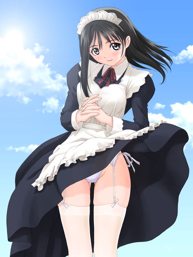 tony taka, mizushima asa, watase nozomi, genmukan, duplicate, 00s, 1girl, apron, black dress, black eyes, black hair, blush, dress, garter belt, headdress, lingerie, maid, maid apron, panties, pantyshot, ribbon, side-tie panties, sky, solo, standing, thighhighs, underwear, upskirt, white panties, white thighhighs, wind, wind lift