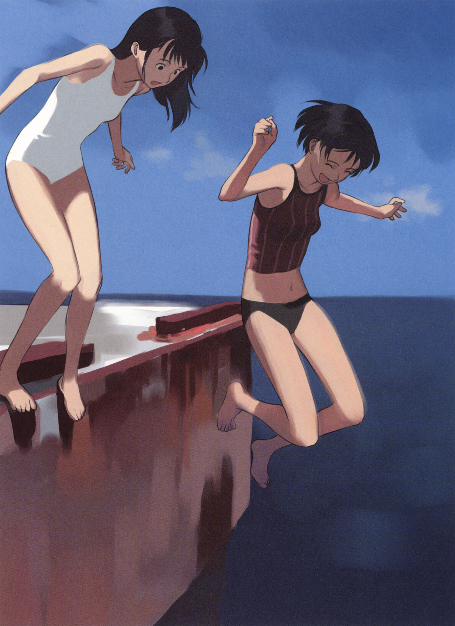 takamichi, highres, 2girls, barefoot, bikini, breasts, closed eyes, feet, flat chest, jumping, multiple girls, slice of life, small breasts, swimsuit, tankini, water