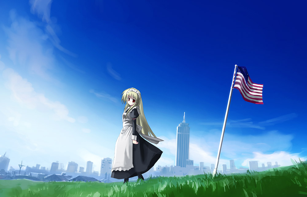 seo tatsuya, 1girl, apron, blonde hair, bow, cityscape, cloud, cross, day, dress, female focus, flag, grass, long hair, maid, maid apron, maid headdress, red eyes, sky, solo, tower, united states