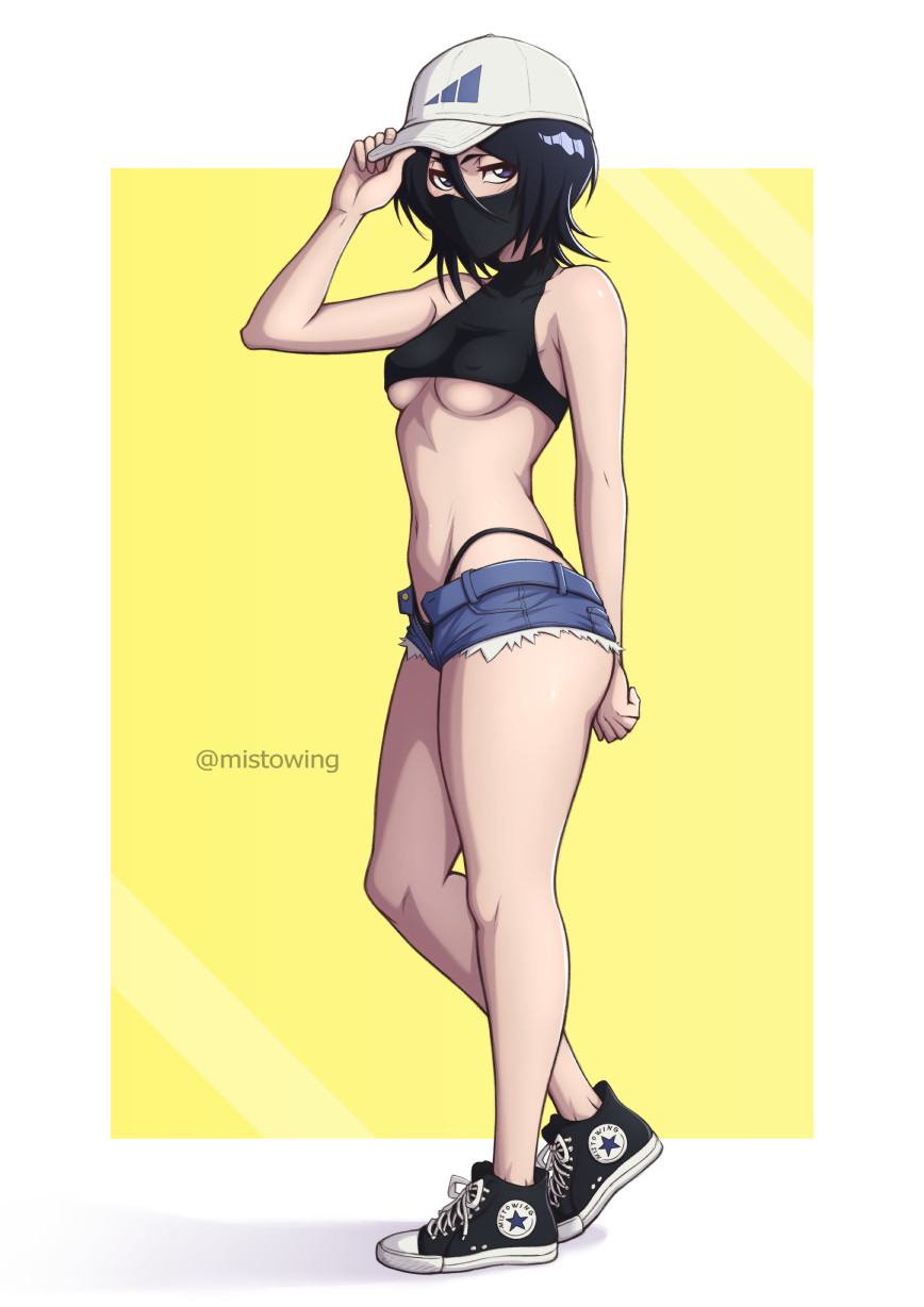 mistowing, kuchiki rukia, bleach, 1girl, artist name, bare shoulders, baseball cap, black hair, border, breasts, collarbone, crop top, denim, denim shorts, female focus, full body, hat, looking at viewer, mask, medium hair, shiny skin, shoes, short shorts, shorts, simple background, small breasts, thong, twitter username, underboob, white border