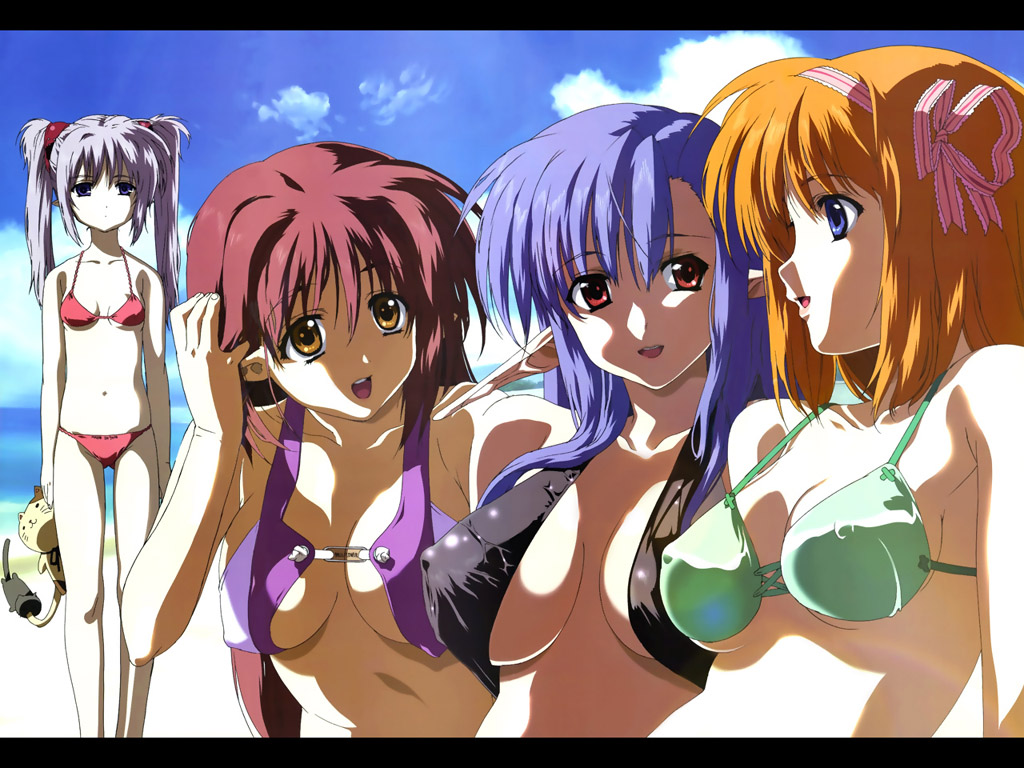 hosoda naoto, fuyou kaede, lisianthus, nerine, primula, shuffle!, silver hair, 00s, 4girls, bikini, blue eyes, blue hair, breasts, breasts apart, brown eyes, cat, cleavage, covered erect nipples, day, large breasts, long hair, medium breasts, multiple girls, orange hair, pointy ears, purple hair, red eyes, red hair, short hair, swimsuit, twintails, yellow eyes