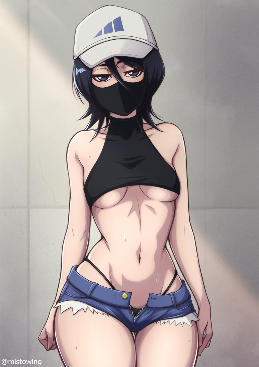 mistowing, kuchiki rukia, bleach, highres, 1girl, artist name, bare shoulders, baseball cap, black hair, breasts, collarbone, denim, denim shorts, face mask, female focus, hat, light blush, looking at viewer, mask, medium hair, short shorts, shorts, small breasts, solo, standing, sweat, thong, underboob