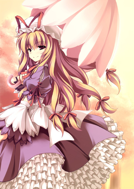 yakumo yukari, touhou, 1girl, blonde hair, dress, female focus, frilled dress, frills, hair ribbon, hat, long hair, low-tied long hair, purple eyes, ribbon, smile, solo, tress ribbon, umbrella