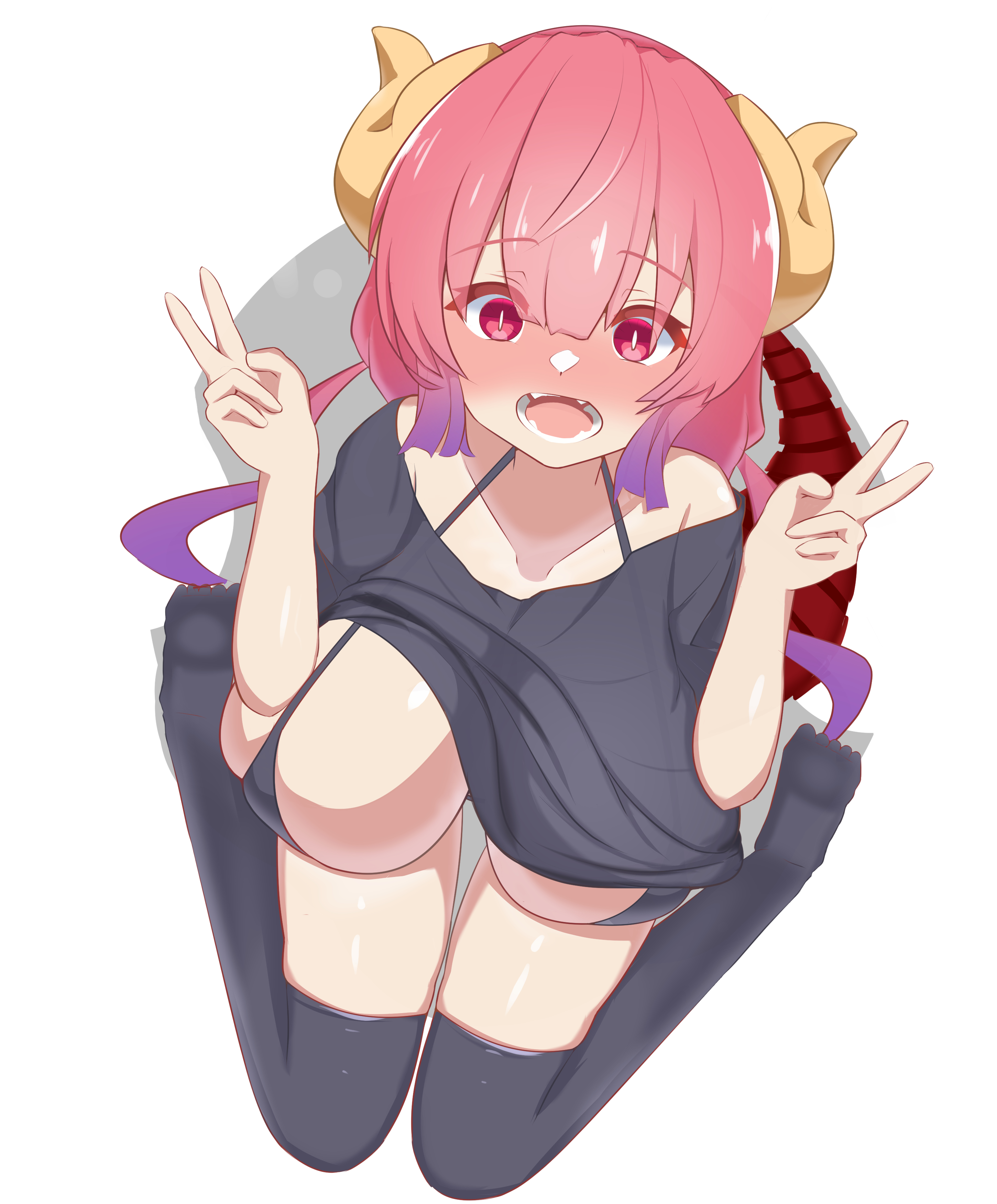 hatenamaru, ilulu (maidragon), kobayashi-san chi no maidragon, large variant set, variant set, 1girl, bare shoulders, bikini, black bikini, black shirt, black thighhighs, blush, breasts, clothes lift, collarbone, double v, dragon girl, dragon horns, embarrassed, eyelashes, female focus, from above, full-face blush, gradient hair, hands up, horns, huge breasts, long hair, looking at viewer, looking up, low twintails, multicolored hair, nervous, nervous smile, off-shoulder shirt, off shoulder, open mouth, purple hair, red eyes, red hair, shirt, shirt lift, short sleeves, shortstack, simple background, sitting, smile, solo, swimsuit, t-shirt, teeth, thigh gap, thighhighs, twintails, two-tone hair, v, w arms, wariza, white background