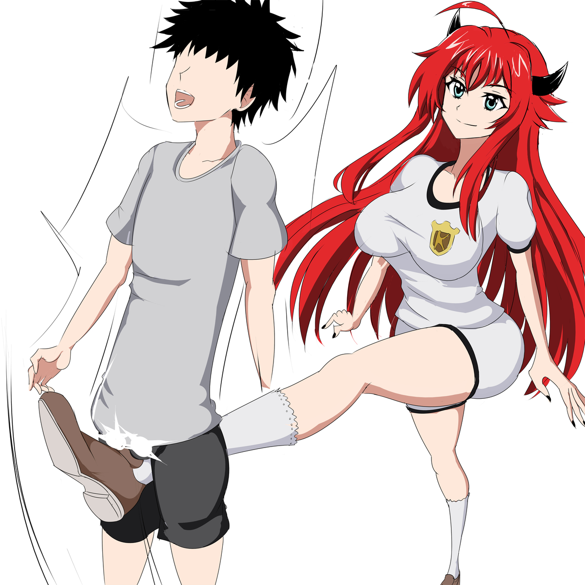 pakku (artist), rias gremory, high school dxd, 1boy, 1girl, ball busting, crotch kick, horns, shorts