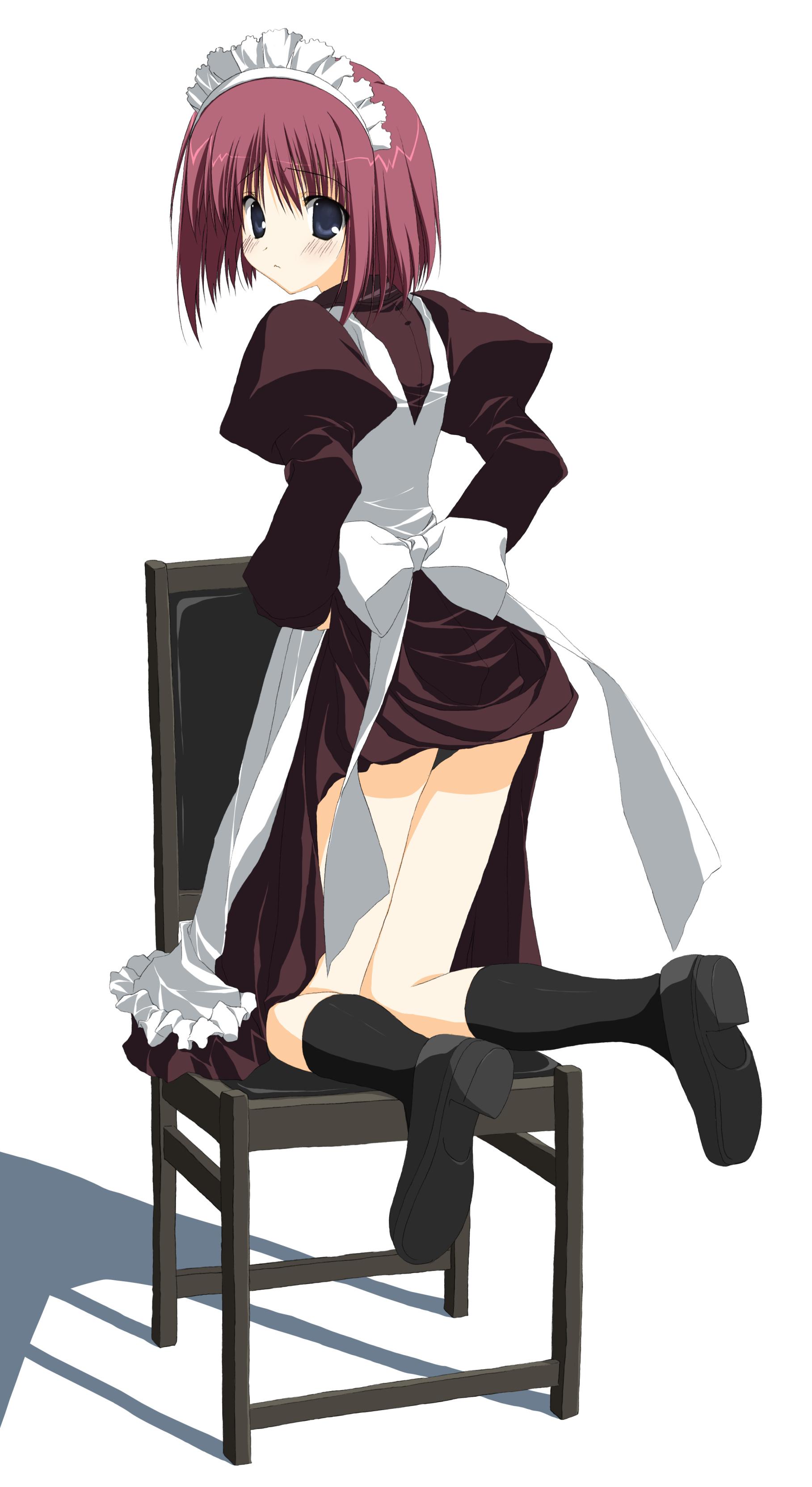 hisui (tsukihime), tsukihime, absurdres, highres, 00s, 1girl, chair, female focus, headdress, maid, panties, simple background, solo, underwear