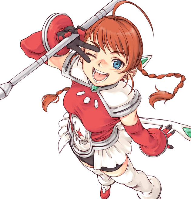 minato fumi, arika yumemiya, my-otome, 00s, ahoge, blue eyes, blush, braid, brown hair, detached sleeves, from above, happy, long hair, one eye closed, simple background, solo, thighhighs, twin braids, v, v over eye, white background, white thighhighs, wink