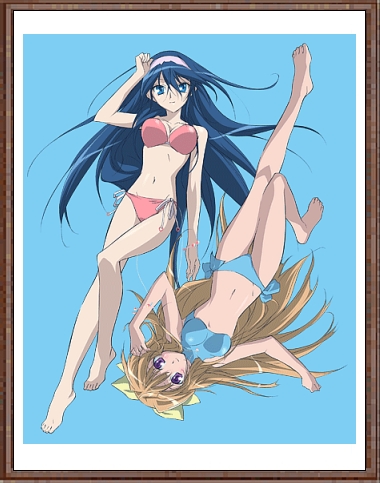 fujii maki, himemiya chikane, kurusugawa himeko, kannazuki no miko, light brown hair, lowres, 00s, 2girls, bare legs, barefoot, bikini, blue eyes, blue hair, bow, breasts, clenched hand, feet, female focus, full body, hair between eyes, hair ribbon, hairband, knee up, legs, long hair, looking at viewer, midriff, multiple girls, navel, one-piece swimsuit, purple eyes, ribbon, smile, swimsuit, turtleneck, turtleneck one-piece swimsuit, upside-down, very long hair