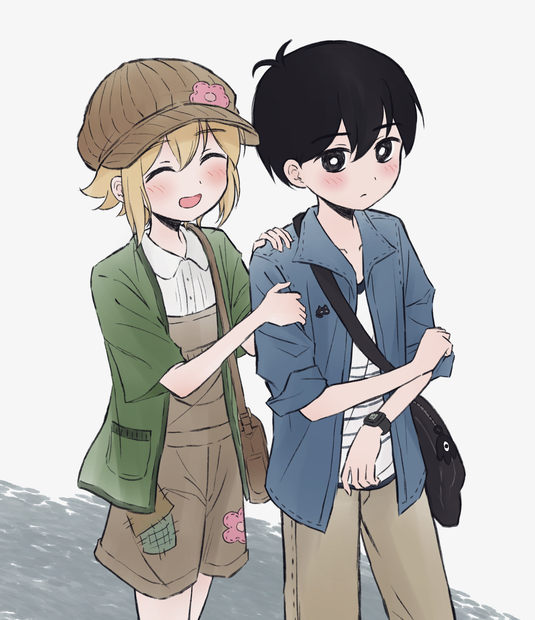 segue5o, basil (birthday) (omori), basil (faraway) (omori), basil (omori), something (omori), sunny (birthday) (omori), sunny (omori), omori, highres, 2boys, antenna hair, bag charm, black eyes, black hair, blonde hair, brown hat, brown overalls, brown pants, cardigan, charm (object), closed eyes, green cardigan, hands on another's arm, hat, jacket, multiple boys, open mouth, overall shorts, overalls, pants, shirt, short-sleeved jacket, short hair, short sleeves, simple background, smile, watch, white shirt, wristwatch