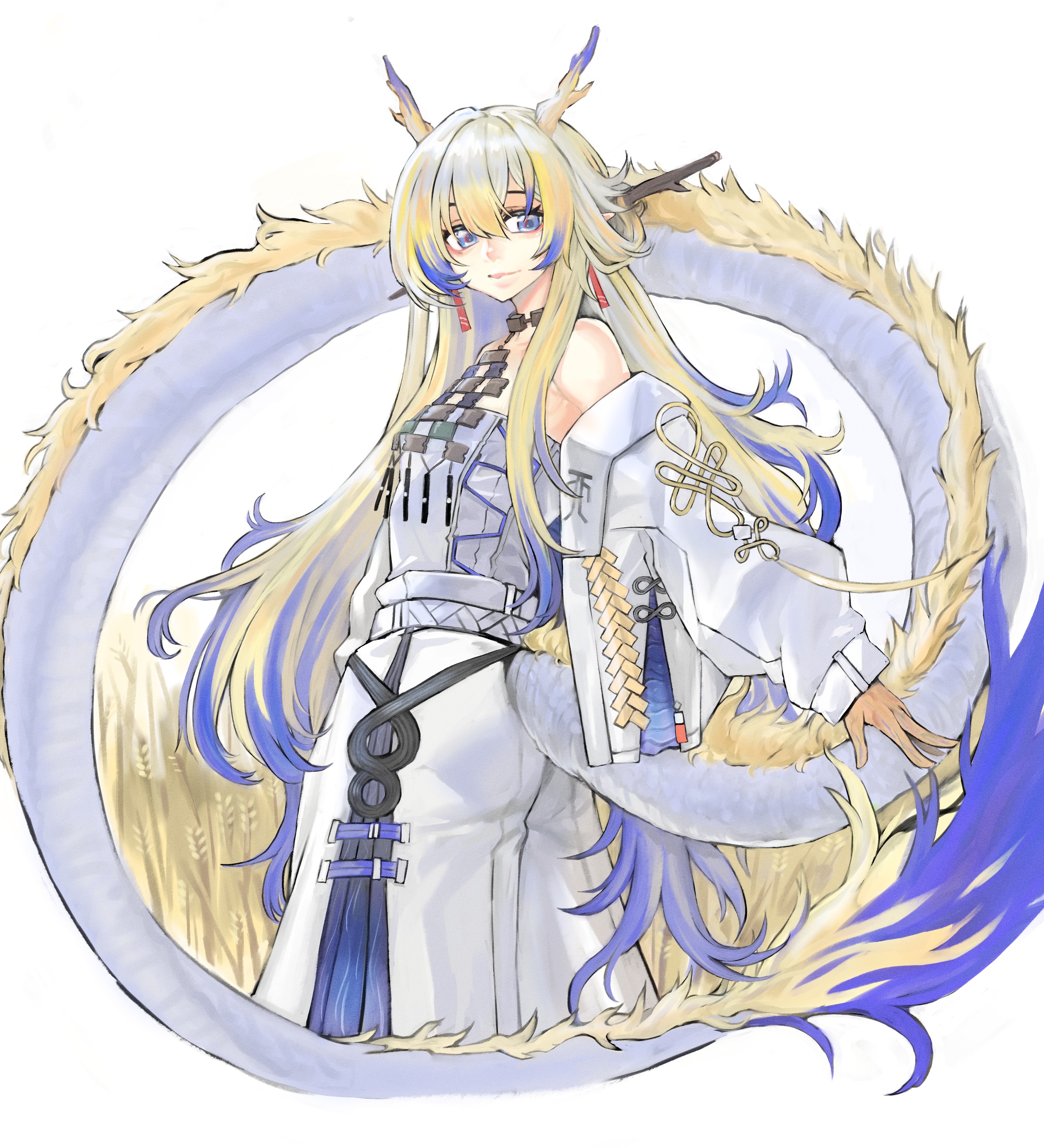 jo p, shu (arknights), arknights, absurdres, highres, 1girl, bare shoulders, bead necklace, beads, blonde hair, blue eyes, breasts, closed mouth, dragon girl, dragon horns, dragon tail, earrings, eastern dragon horns, eastern dragon tail, hair ornament, hairpin, horns, jewelry, long hair, long sleeves, multicolored hair, necklace, rice (plant), shirt, simple background, small breasts, smile, solo, strapless, strapless shirt, tail, tassel, tassel earrings, tube top, very long hair, white background, white tube top