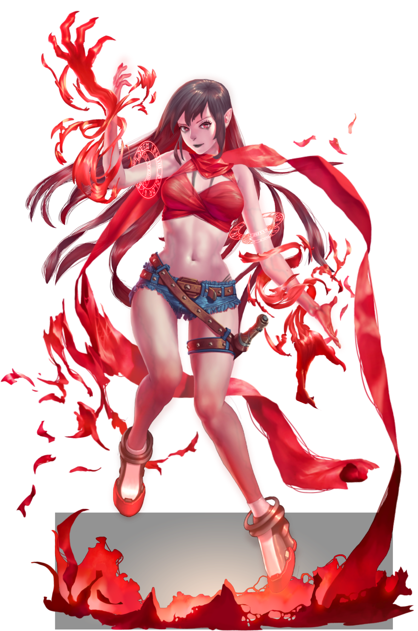 crystal maiden (series), artist request, game cg, highres, official art, variant set, 1girl, bare arms, bare shoulders, belt, black bra, black lips, bra, breasts, brown hair, claws, floating, full body, lexi (crystal maidens), long hair, magic circle, micro shorts, navel, pointy ears, red eyes, shorts, solo, thigh strap, transparent background, underwear, veins
