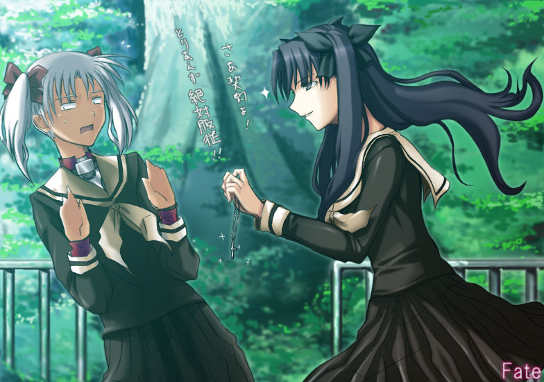 archer (fate), tohsaka rin, ueda kana, fate/stay night, fate (series), maria-sama ga miteru, 1boy, 1girl, crossover, dark-skinned male, dark skin, parody, school uniform, serafuku, two side up, voice actor connection, white eyes