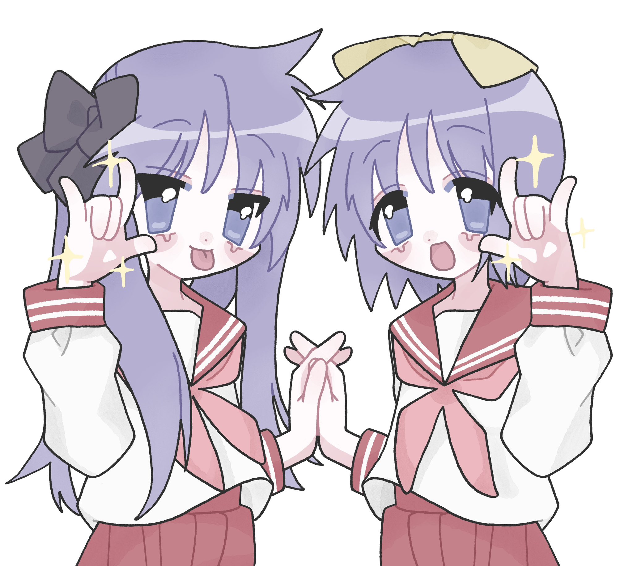 hiiragi kagami, hiiragi tsukasa, lucky star, highres, 2girls, m/, black bow, blush, bow, hair bow, holding hands, long hair, looking at viewer, mi ii0, multiple girls, neckerchief, open mouth, pink neckerchief, pleated skirt, purple eyes, purple hair, red sailor collar, red skirt, red sleeve cuffs, ryouou school uniform, sailor collar, school uniform, shirt, short hair, skirt, sparkle, striped sleeve cuffs, tongue, tongue out, twintails, white background, white shirt, yellow bow