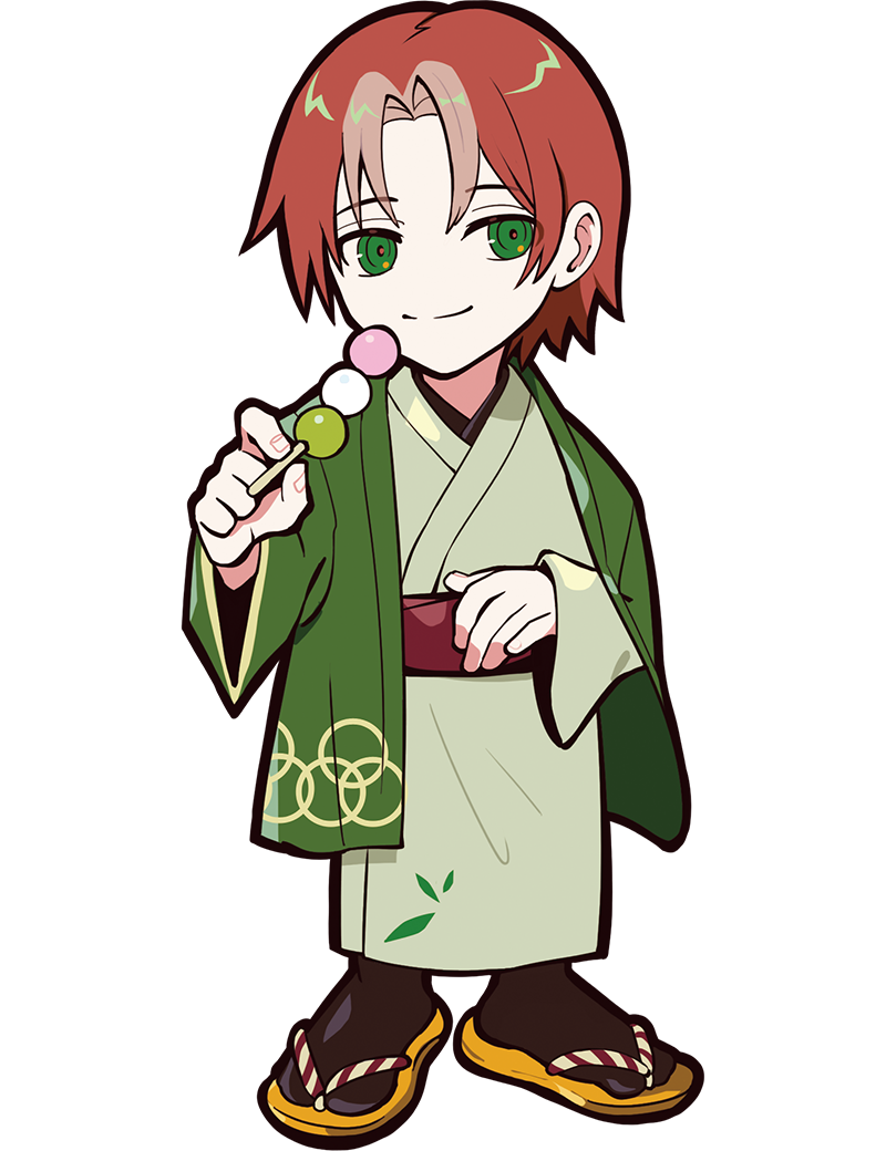 puppeteer7777, crazy raccoon, official art, second-party source, 1boy, anime coloring, black socks, brown hair, circle print, dango, facing viewer, fingernails, food, full body, green haori, green kimono, green sleeves, hair intakes, haori, holding, holding skewer, japanese clothes, jt3, kimono, leaf print, legs apart, long sleeves, looking to the side, male focus, multicolored hair, no nose, print haori, print kimono, red sash, sandals, sanshoku dango, sash, short hair, skewer, smile, socks, solo, split mouth, standing, streaked hair, sweets, tabi, tachi-e, thick lineart, transparent background, tsurime, wagashi, wide sleeves, yellow sandals, yukata, zouri