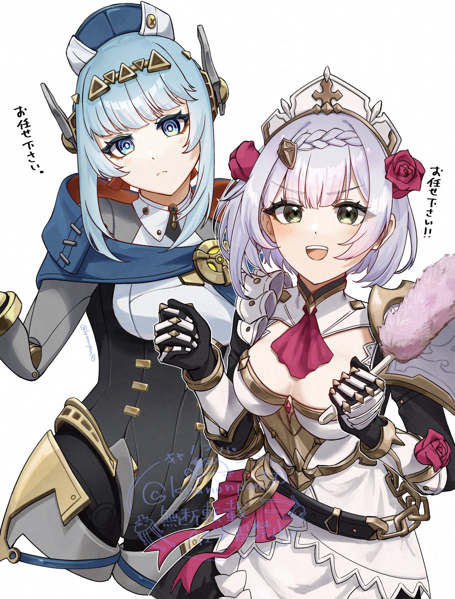 kyanonpan50, ineffa (genshin impact), noelle (genshin impact), genshin impact, highres, 2girls, antenna hair, aqua eyes, aqua hair, armor, armored dress, black gloves, black sleeves, blue cape, blunt bangs, braid, breastplate, breasts, cape, cleavage, dress, flower, flower on head, gem, gloves, hat, holding, long sleeves, medium breasts, multiple girls, open mouth, red flower, red gemstone, red ribbon, red rose, red scarf, ribbon, robot, rose, scarf, shield, short hair, sidelocks, tiara, twin braids, white background, white dress, white hair, white hat, yellow eyes