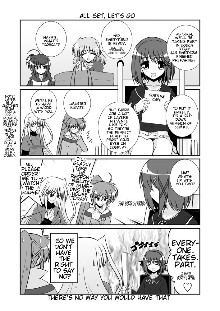 mikage takashi, reinforce, shamal, signum, vita (nanoha), yagami hayate, lyrical nanoha, mahou shoujo lyrical nanoha, mahou shoujo lyrical nanoha a's, hard-translated, third-party edit, translated, 00s, 4koma, 5girls, braid, comic, english text, greyscale, hair ornament, hand fan, harisen, monochrome, multiple girls, ponytail, speech bubble, twin braids, wheelchair, x hair ornament