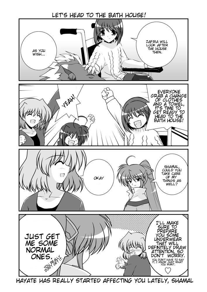 mikage takashi, shamal, signum, vita (nanoha), yagami hayate, zafira, lyrical nanoha, mahou shoujo lyrical nanoha, mahou shoujo lyrical nanoha a's, hard-translated, third-party edit, translated, 00s, 4girls, 4koma, braid, comic, english text, greyscale, monochrome, multiple girls, pantyhose, ponytail, twin braids, wheelchair