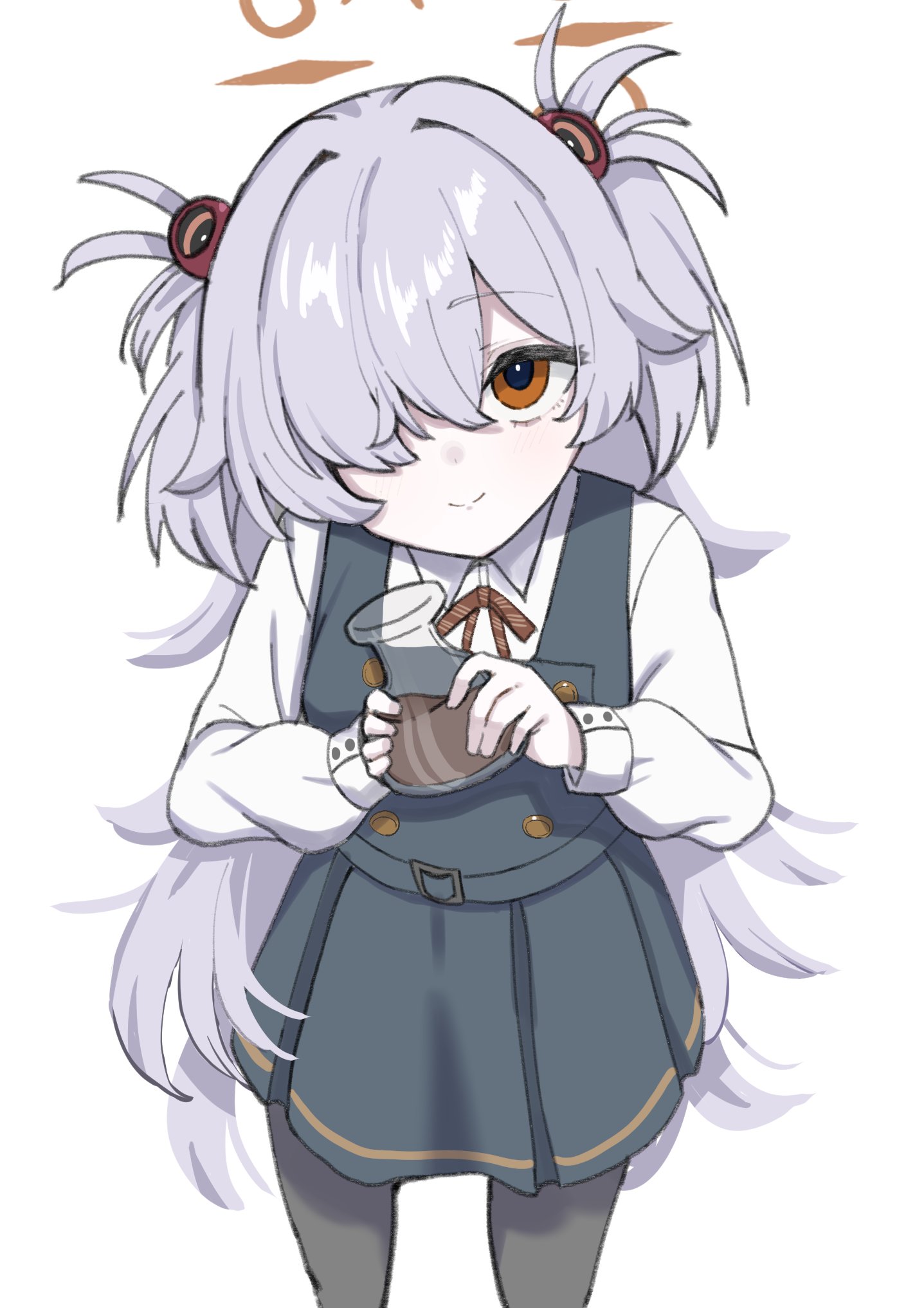 kaito (kaito921125), kanoe (blue archive), blue archive, highres, 1girl, black pantyhose, brown halo, closed mouth, diagonal-striped ribbon, dress, flask, hair over one eye, halo, holding, holding flask, long hair, looking at viewer, messy hair, orange eyes, pantyhose, pinafore dress, scar, scar on neck, simple background, sleeveless, sleeveless dress, smile, solo, split mouth, tilted halo, very long hair, white background, white hair