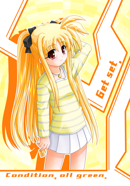 fate testarossa, lyrical nanoha, mahou shoujo lyrical nanoha, 00s, 1girl, blonde hair, blouse, female focus, jewelry, necklace, shirt, solo, striped clothes, striped shirt