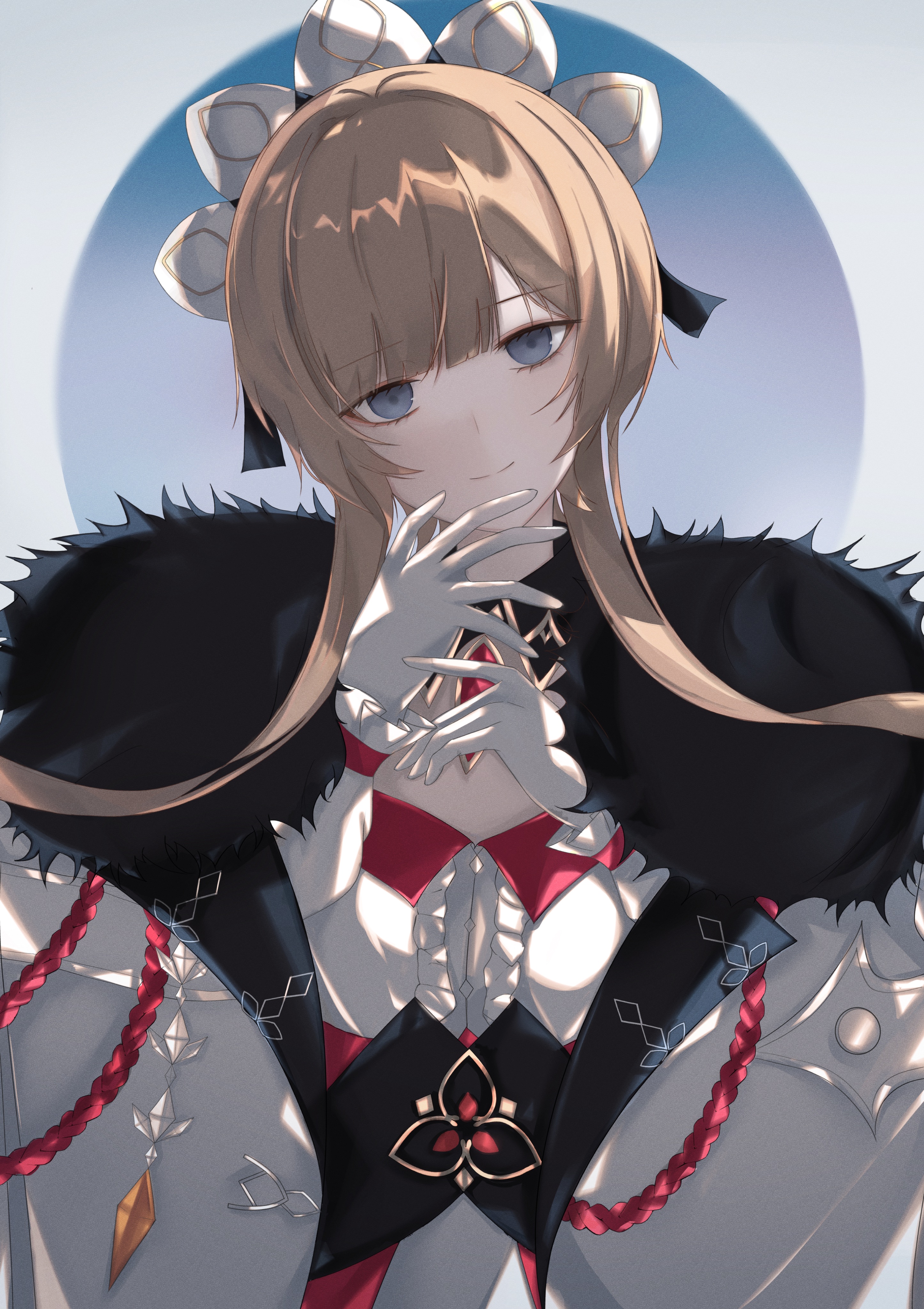 ruriyuri, sandrone (genshin impact), genshin impact, absurdres, highres, 1girl, blue eyes, brown hair, coat, dress, fur-trimmed coat, fur trim, gloves, headdress, light smile, long hair, long sidelocks, looking at viewer, sidelocks, solo, upper body, white coat, white dress, white gloves, white headdress