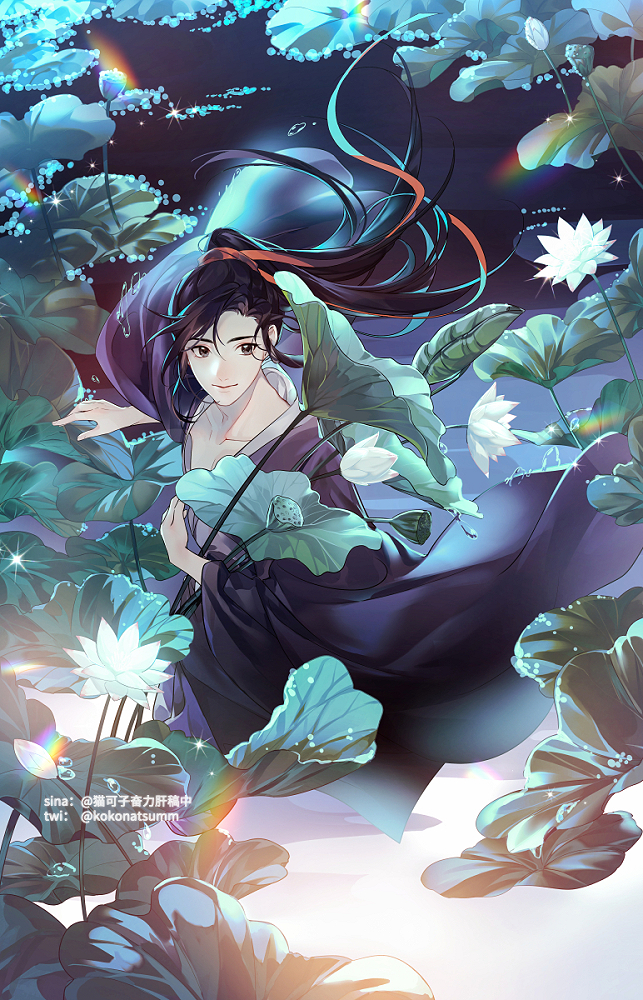 maokezi, wei wuxian, modao zushi, chinese commentary, 1boy, artist name, black hair, black hanfu, brown eyes, bud, chinese clothes, closed mouth, collarbone, floating clothes, floating hair, flower, from above, full body, hair ribbon, hanfu, holding, holding flower, holding leaf, holding plant, leaf, long hair, long sleeves, looking at viewer, lotus, lotus leaf, lotus pod, male focus, night, on one knee, plant, ponytail, rainbow, red ribbon, ribbon, robe, sidelocks, smile, solo, sparkle, twitter username, water, water drop, watermark, white flower, wide sleeves