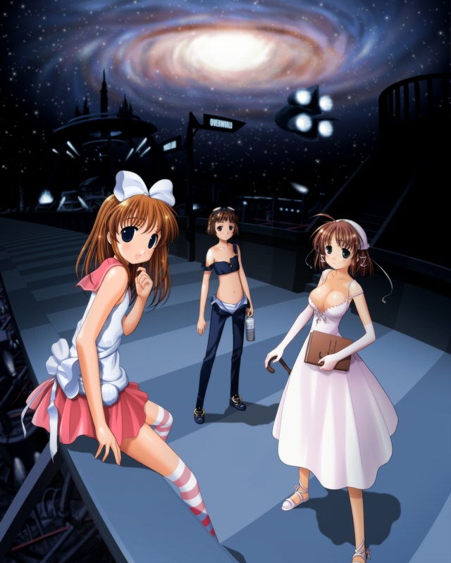 kobayashi ritz, ritzve, original, striped legwear, 3girls, black eyes, blush, book, bow, breasts, brown hair, cane, cleavage, dress, galaxy, goggles, hair ribbon, long hair, medium breasts, midriff, multiple girls, navel, open clothes, ribbon, road sign, sandals, short hair, sign, sitting, skirt, small breasts, smile, space, star (sky), star (symbol), striped clothes, striped thighhighs, thighhighs, tress ribbon