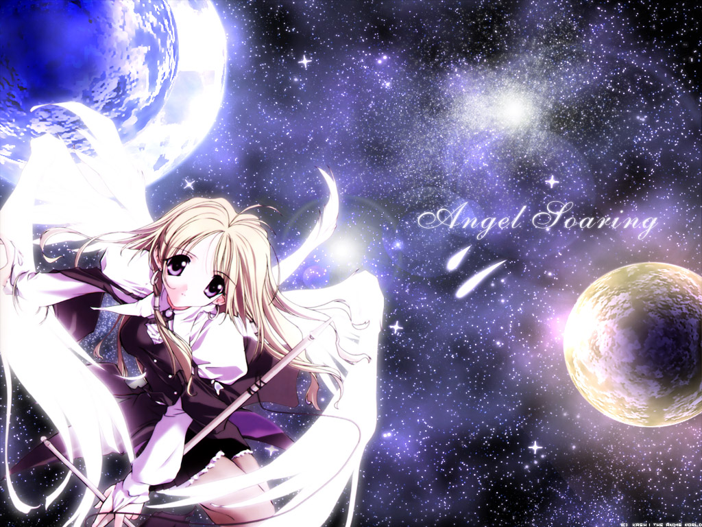 sasaki mutsumi, aquarian age, 00s, 1girl, angel, female focus, solo, space, star (sky), wings