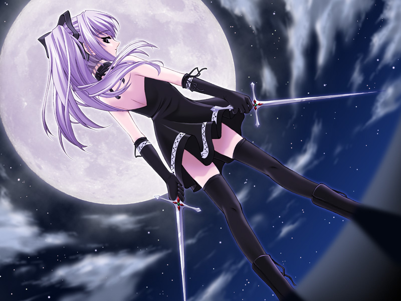 haruka rihitenbain, ochiba no mau koro, game cg, 1girl, backless dress, backless outfit, black gloves, black thighhighs, boots, choker, cloud, dagger, dress, dual wielding, dutch angle, elbow gloves, female focus, full moon, gloves, goth fashion, holding, knife, long hair, moon, night, profile, purple eyes, purple hair, ribbon, sai daggers, solo, standing, star (symbol), thighhighs, twintails, weapon