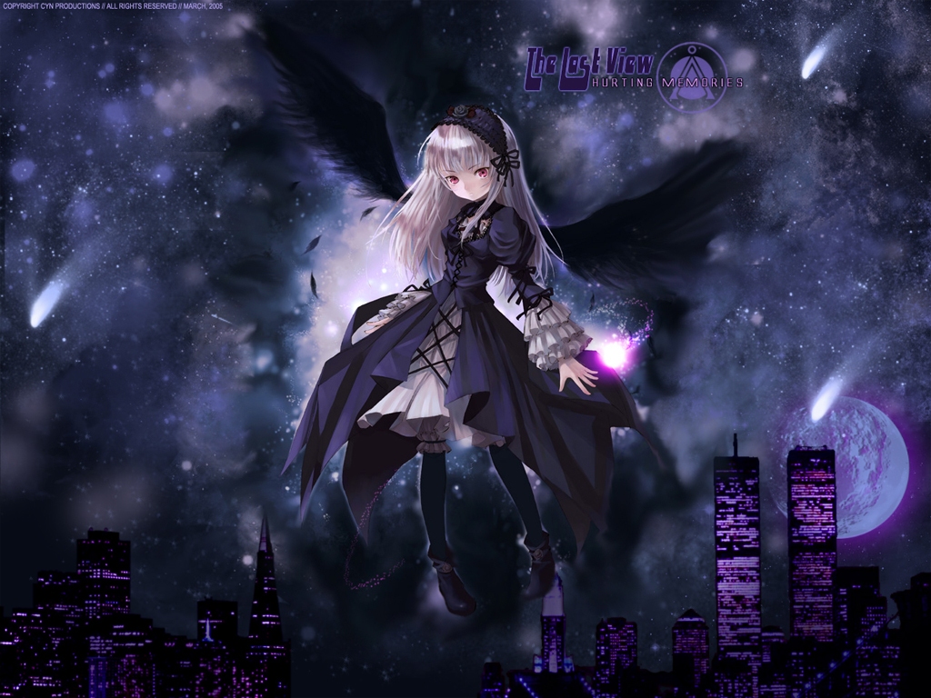 kishida mel, suigintou, rozen maiden, silver hair, duplicate, 00s, 1girl, cityscape, dress, feathers, female focus, frills, goth fashion, gothic lolita, hairband, lolita fashion, long hair, moon, night, photo background, pink eyes, solo, thighhighs, watermark, wings, world trade center