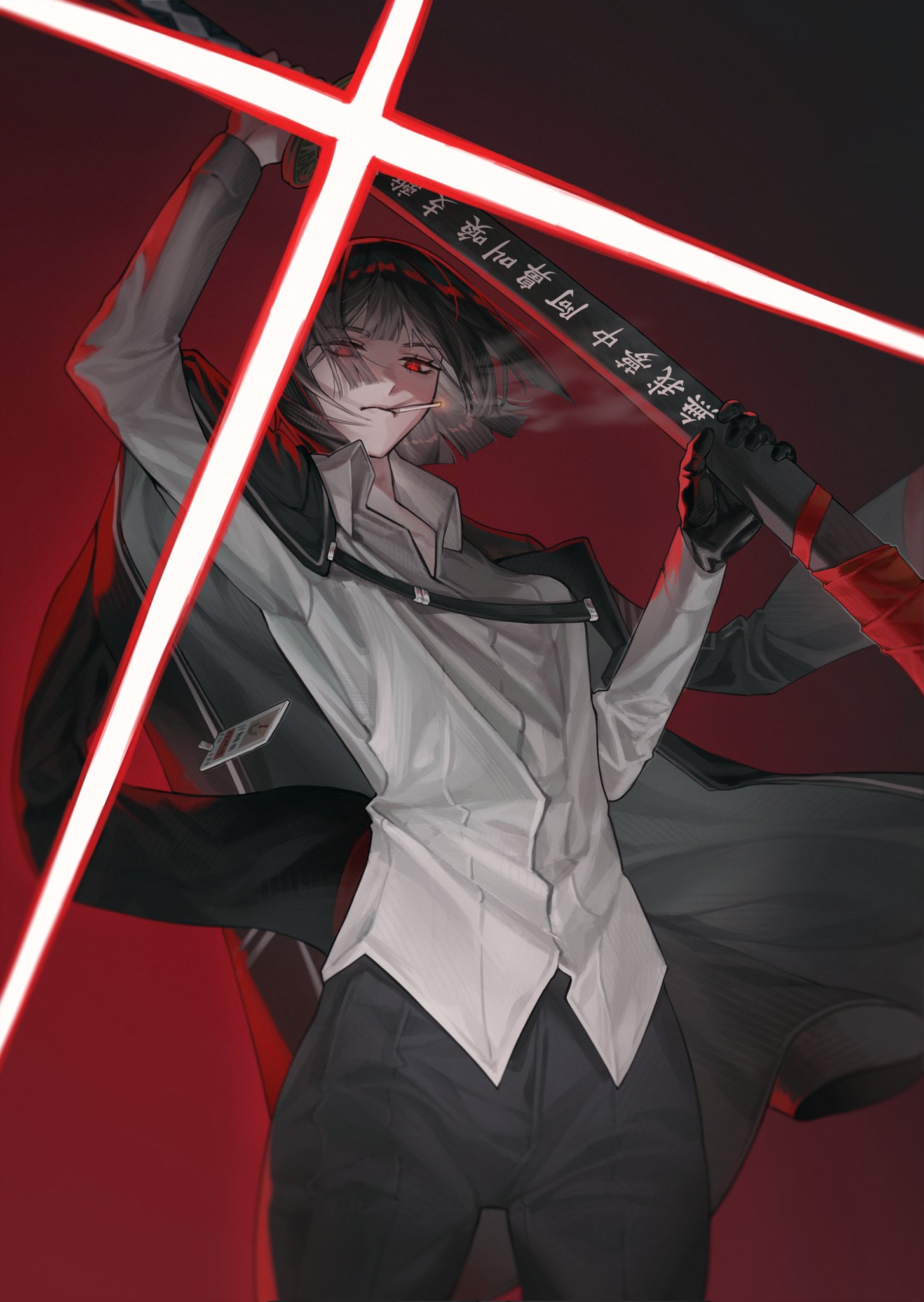 ryoshu (project moon), limbus company, project moon, highres, 1girl, ahemsehszlfmf, black background, black gloves, black hair, black jacket, black pants, cigarette, closed mouth, collared shirt, colored inner hair, cowboy shot, empty eyes, floating clothes, gloves, gradient background, grey hair, hands up, holding, holding sword, holding weapon, id card, jacket, katana, lapels, laser, leather, leather gloves, long sleeves, looking at viewer, multicolored hair, open clothes, open jacket, pants, red background, red eyes, shirt, short hair, simple background, smoke, smoking, solo, standing, sword, v-shaped eyebrows, weapon, white shirt