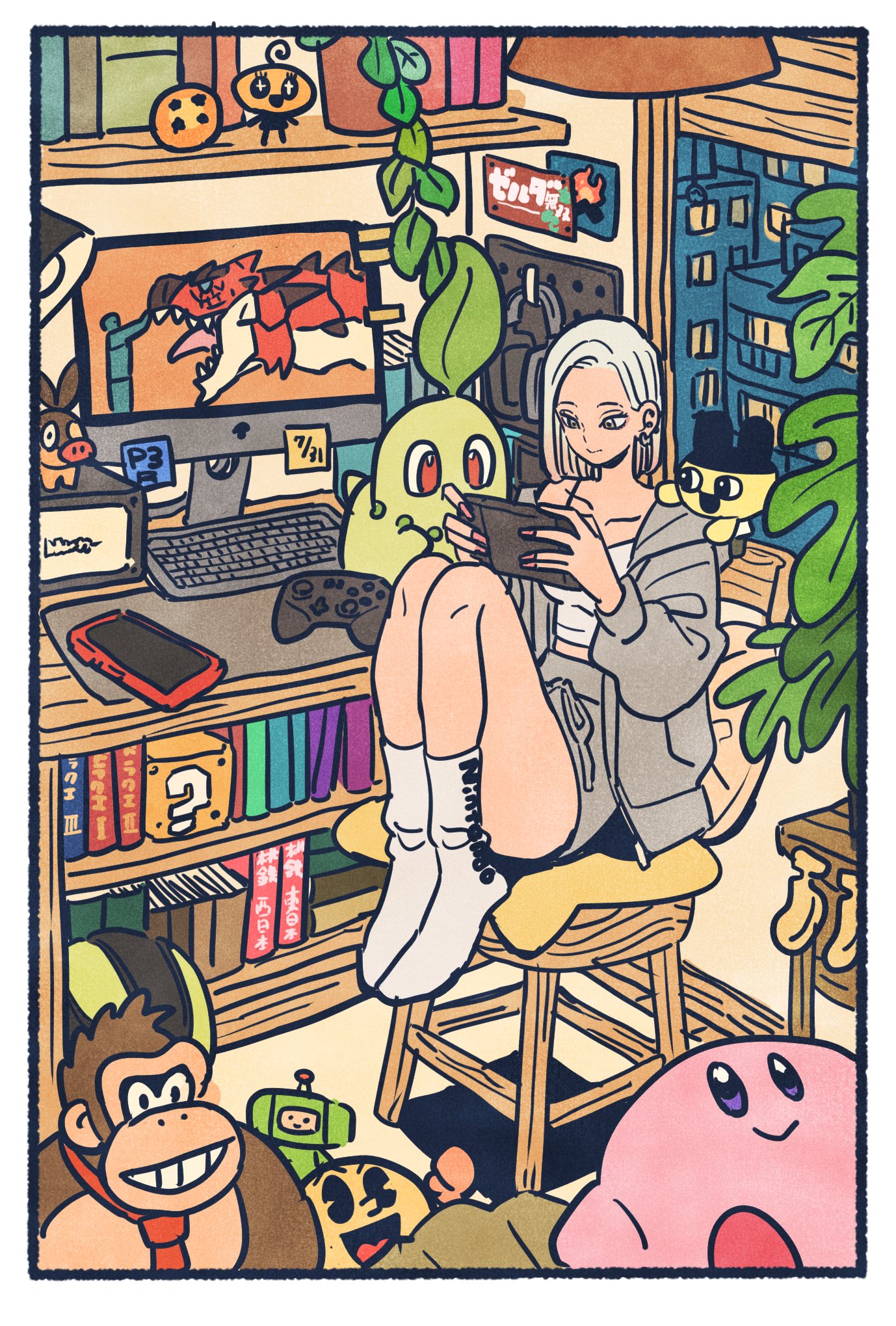 takeuchi ryousuke, android 18, chikorita, donkey kong, kirby, pac-man, donkey kong (series), dragon ball, dragonball z, kirby (series), nintendo, pac-man (game), pokemon, highres, 1girl, blonde hair, building, camisole, cellphone, collarbone, computer, controller, dragon, dragon ball (object), ear piercing, earrings, eyelashes, eyeshadow, game controller, gen 2 pokemon, gradient hair, grey eyes, grey hoodie, grey skirt, headphones, hood, hooded jacket, hoodie, indoors, jacket, jewelry, knees, makeup, medium hair, multicolored hair, nail polish, nintendo switch, open clothes, open jacket, orange eyeshadow, parted hair, phone, piercing, pink nails, plant, playing games, sitting, skirt, smartphone, socks, solo, sticker, straight hair, thighs, white camisole, white socks, window