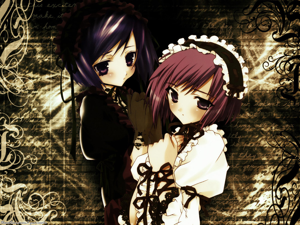 kanno touko, nini (nininco), 2girls, black vs white, gothic lolita, headdress, lolita fashion, multiple girls, nini (kiyo), purple hair, red hair, short hair