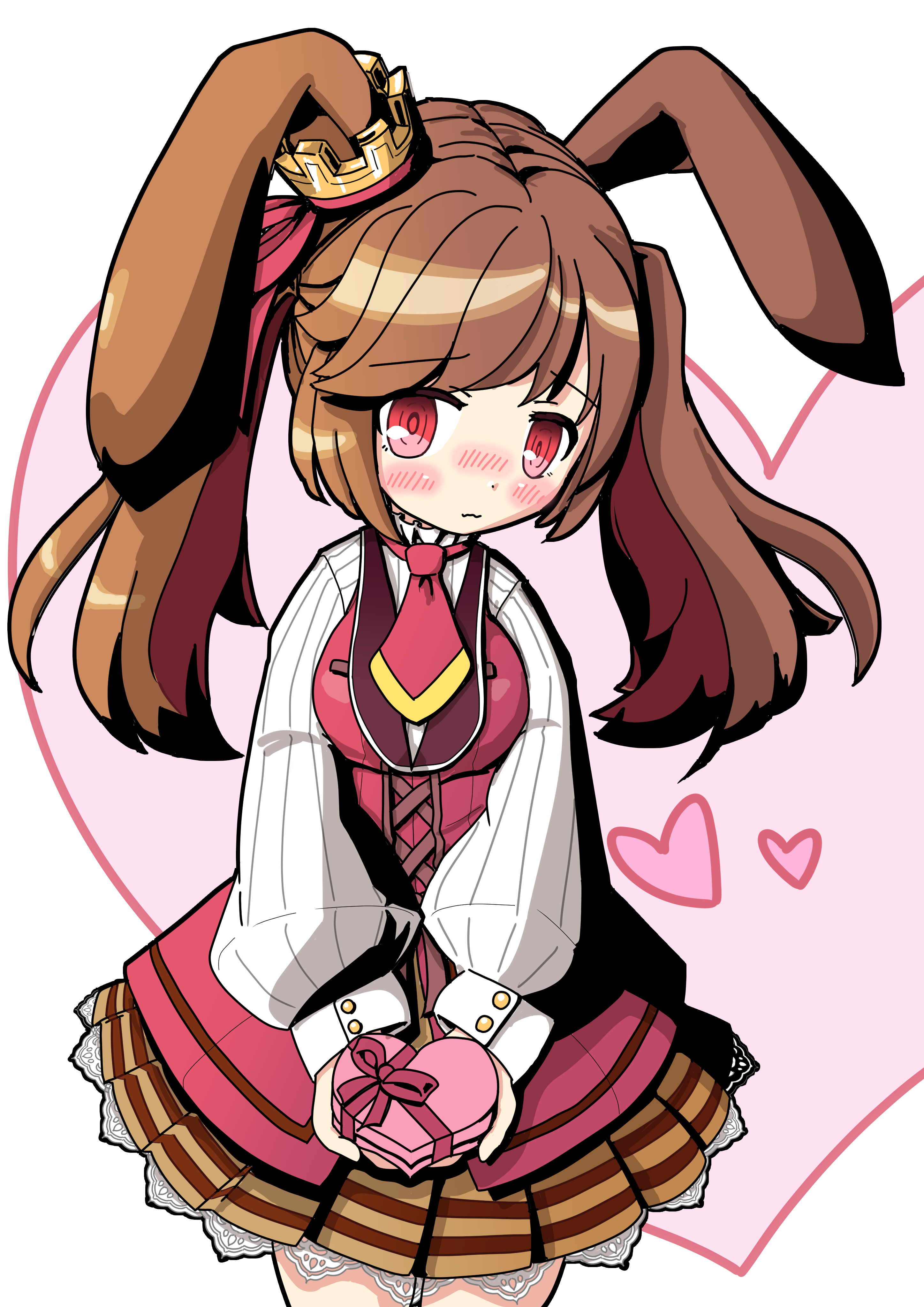 emil chronicle online, absurdres, highres, 1girl, animal ears, blush, breasts, brown hair, cinamon alma, crown, dress, frolyflow2, gift, hair ribbon, heart, holding, holding gift, long hair, medium breasts, necktie, nose blush, rabbit ears, raised inner eyebrows, red dress, red eyes, red necktie, ribbon, shirt, solo, spoken heart, twintails, valentine, white background, white shirt