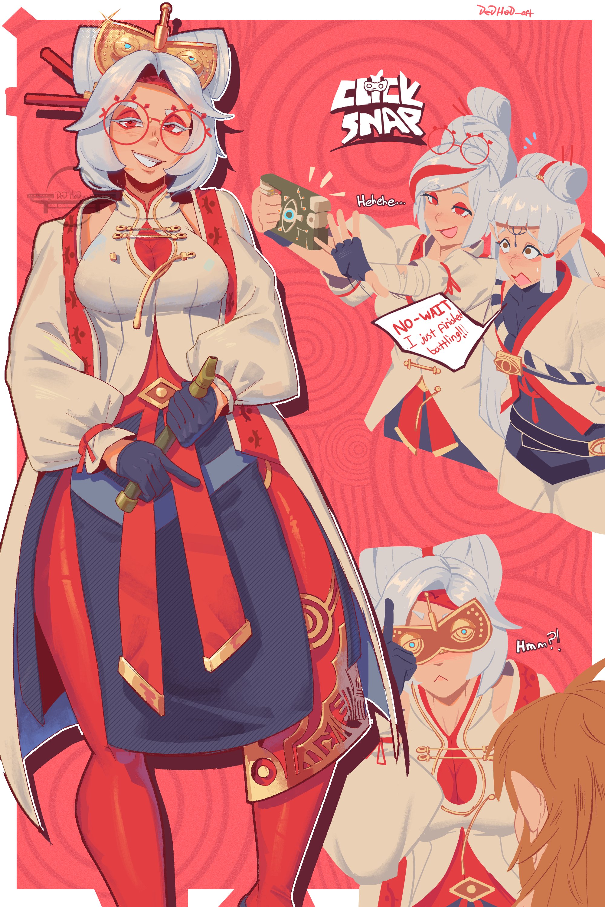dedhed art, impa, link, purah, hyrule warriors: age of calamity, nintendo, the legend of zelda, the legend of zelda: breath of the wild, the legend of zelda: tears of the kingdom, absurdres, commentary, highres, 1boy, 2girls, artist name, black bodysuit, black gloves, blush, bodysuit, border, breasts, brown eyes, english text, eye symbol, eyewear on head, fingerless gloves, flute, glasses, gloves, grin, hair bun, hair ornament, hair stick, headband, holding, holding flute, holding instrument, instrument, looking at viewer, medium breasts, multiple girls, multiple views, red-framed eyewear, red background, red bodysuit, red eyes, red headband, round eyewear, sheikah, sheikah slate, siblings, sisters, smile, speech bubble, sweat, white border, white hair