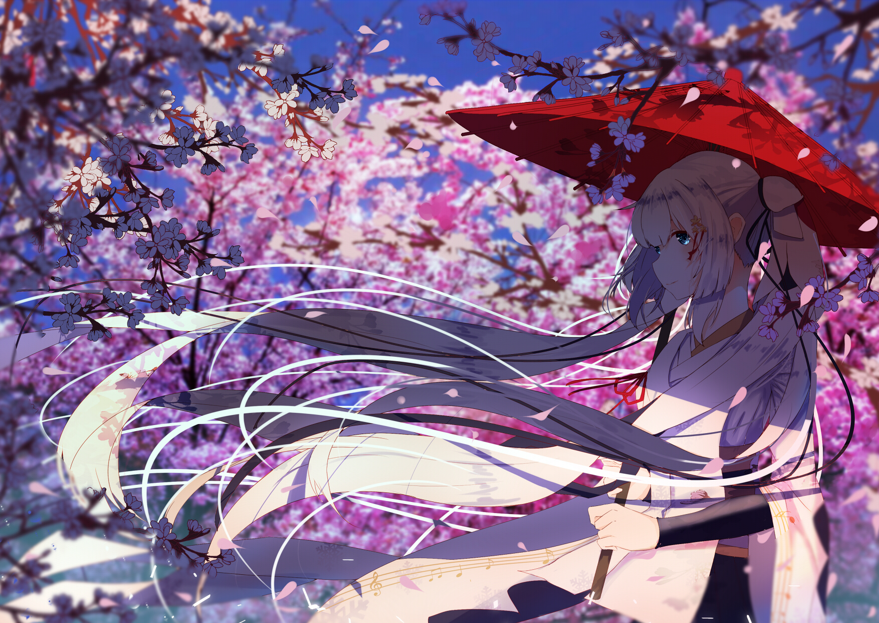 re:rin, hatsune miku, yuki miku, yuki miku (2018), vocaloid, highres, 1girl, chihaya (clothing), closed mouth, fortissimo, from side, hair ornament, holding, holding umbrella, japanese clothes, long hair, miko, musical note, musical note hair ornament, musical note print, musical staff, musical staff print, official alternate costume, official alternate hairstyle, oil-paper umbrella, smile, solo, twintails, umbrella, very long hair, white hair