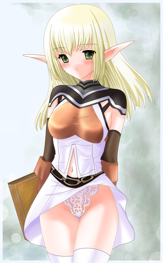 lineage, 1girl, arms behind back, blonde hair, blouse, blush, clothes lift, elbow gloves, elf, female focus, gloves, green eyes, highleg, highleg panties, lace, lace-trimmed panties, lace trim, long hair, midriff, navel, panties, pointy ears, shirt, skirt, skirt lift, solo, standing, thigh gap, thighhighs, thighs, underwear, white thighhighs, wind, wind lift