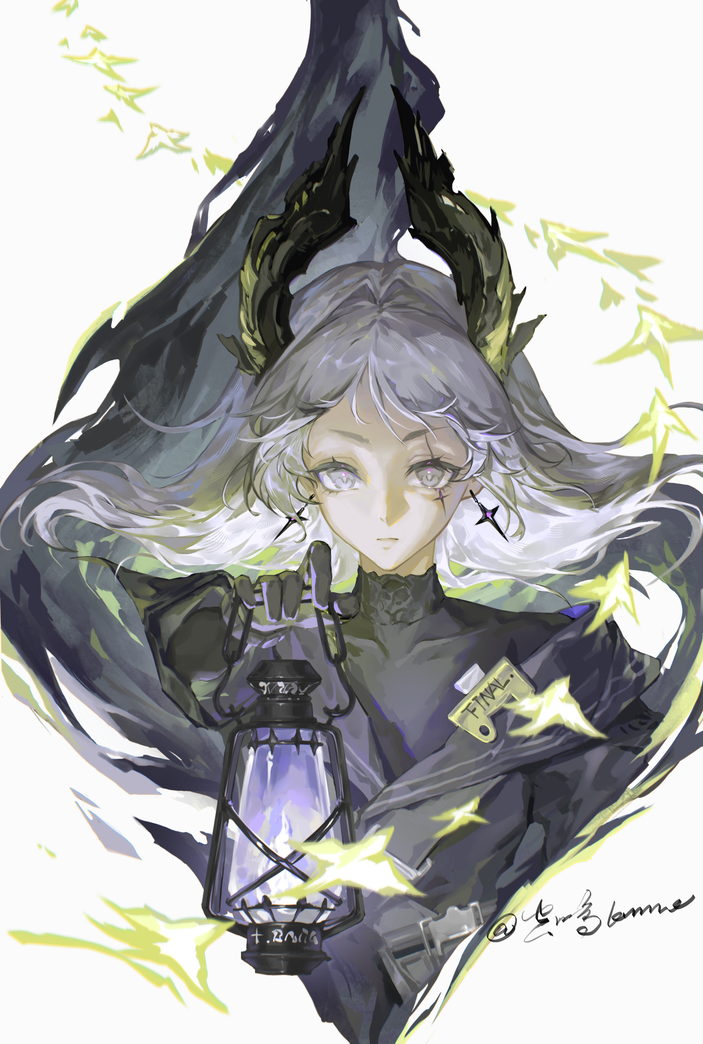 kong ming kmmo, irene (arknights), irene (the adjudicatrix and her resolve) (arknights), arknights, absurdres, highres, 1girl, artist name, black shirt, chinese text, closed mouth, cross scar, dress, earrings, gloves, grey eyes, grey hair, hair intakes, head wings, holding, holding lantern, jewelry, lantern, long sleeves, scar, scar across eye, scar on face, shirt, solo, turtleneck, turtleneck shirt, white background, wings